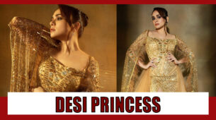Marathi actress Amruta Khanvilkar is giving Desi Princess Vibes in a golden embellished gown, Take a look