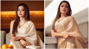 Pushpa Actress Rashmika Mandanna is beauty personified in white silk saree 