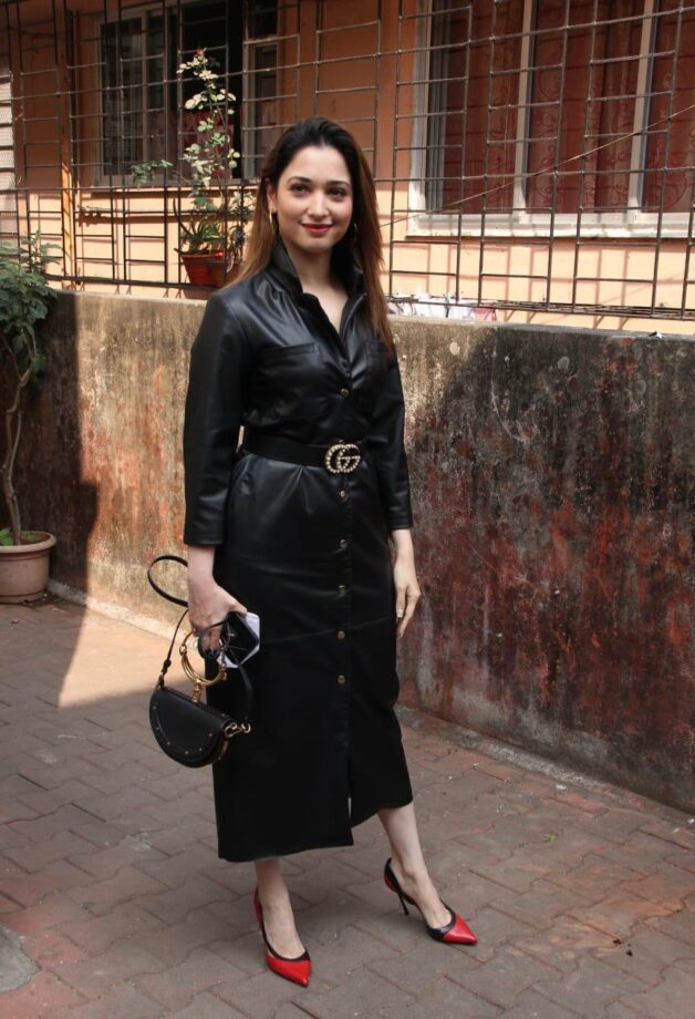 Tamannaah Bhatia Looking Stunning In Button-Down Black Leather Dress - 1
