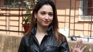 Tamannaah Bhatia Looking Stunning In Button-Down Black Leather Dress
