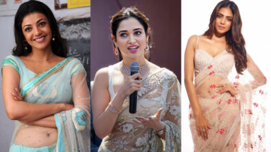 Uff Haye Garmi: Kajal Aggarwal, Tamannaah Bhatia and Malavika Mohanan flaunt curvaceous midriffs in transparent sarees, are you melting?