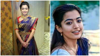 Rashmika Mandanna Looks Stunning In A Navy Blue Pattu Saree At The Triumph Celebration For “Pushpa”