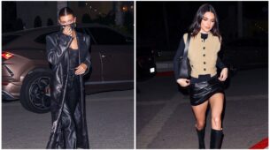 For A Night Out With Hailey Baldwin, Kendall Jenner Rocks A Leather Little Skirt