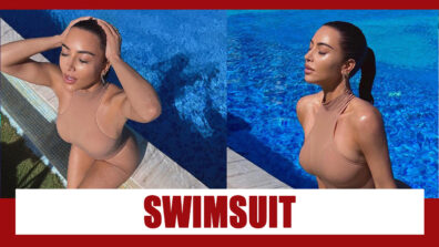 For a sensuous photoshoot, Kim Kardashian wears a nude colour one-piece swimsuit in the pool, check out