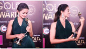 Helly Shah Looking Pretty In Green Flowy Backless Gown Paired With Silver Chunky Earrings!