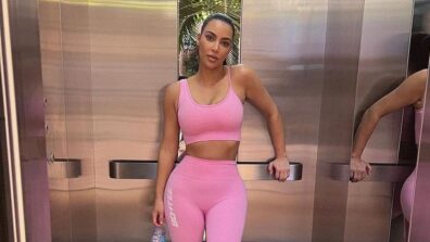 In A Pink Workout Crop Top And Leggings, Kim Kardashian Looks Like Barbie