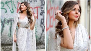Kanika Kapoor looks ravishing in a Manish Malhotra sequin saree with an exaggerated drape bodice and Swarovski crystal belt, see pics