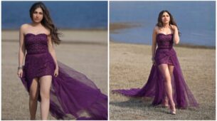 Ladies & Gentlemen, Meet Our Desi Cinderella Tulsi Kumar In Violet Off-Shoulder High Slit Ravishing dress