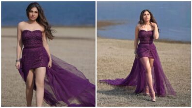 Ladies & Gentlemen, Meet Our Desi Cinderella Tulsi Kumar In Violet Off-Shoulder High Slit Ravishing dress