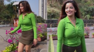 Monalisa swoons internet with her parrot green shirt and brown mini skirt