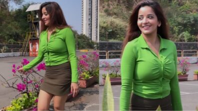 Monalisa swoons internet with her parrot green shirt and brown mini skirt