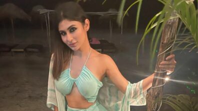 Mouni Roy Looking Stunning In Aqua Blue Halterneck Bikini Top And Wrap Slit Skirt With Marble Print Shrug!