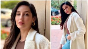 Nora Fatehi Looks Warm And Cosy In A Fleece Jacket Topped With An Adorable Dior Purse