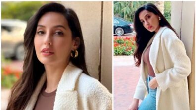 Nora Fatehi Looks Warm And Cosy In A Fleece Jacket Topped With An Adorable Dior Purse