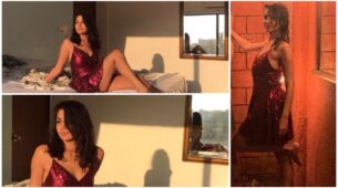 Sriti Jha Slaying In Red Sequin Plunge Neck Dress In The Golden Hour