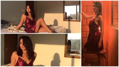 Sriti Jha Slaying In Red Sequin Plunge Neck Dress In The Golden Hour