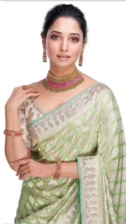 Tamannaah Bhatia Embracing The Culture In Pastel Green Saree And Gold Jewellery - 1