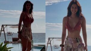 [Video]  Disha Patani walks sassy on the beach in brick red bralette and floral mini skirt