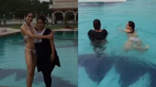 Watch Video: Sara Ali Khan caught pushing someone in the pool water, netizens angry