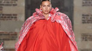 At Matty Bovan, Irina Shayk Is A High-Fashion Little Red Riding Hood, Take A Look