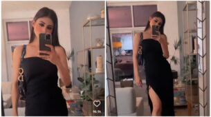 Gorgeous: Mouni Roy sends flattering waves in a deep plunging neck black midi dress