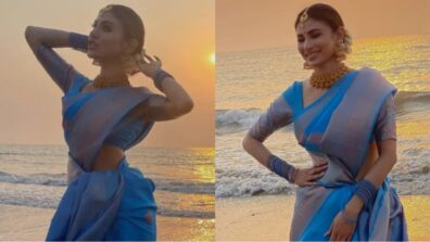 Mere Ghungroo: Mouni Roy shows off her ‘Karakattam’ dance moves in blue saree on the beach