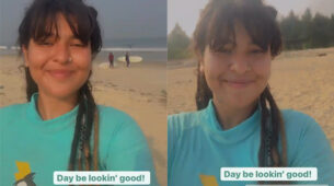 Nidhi Bhanushali cuts a casual figure in a blue tee on the beach, watch