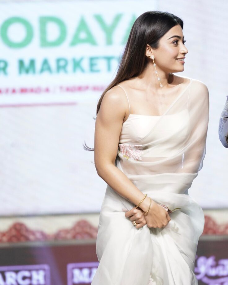 Rashmika Mandanna Looks Pure Heavenly In White Chiffon Saree - 0