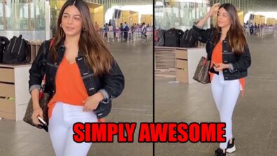 Alaya F Airport Look In Orange T-Shirt And Denim Jacket And Jeans Is Simply Awesome