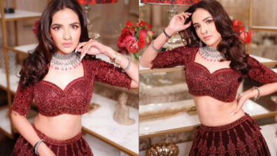 Bigg Boss diva Jasmin Bhasin turns muse in maroon red lehenga, Krishna Mukhrjee goes fire