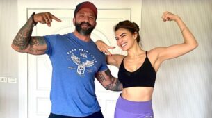 Jacqueline Fernandez looks all fit and sassy in black sports bra and lilac gym tights, see pictures