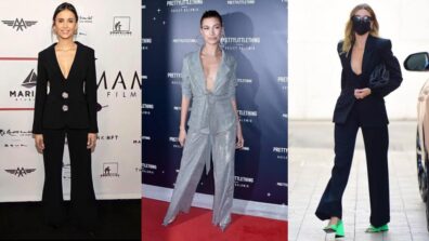 Nina Dobrev Or Hailey Bieber: Who Gives You High Fashion Vibes In These Deep-Neck Suits?