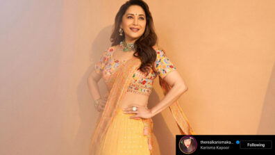 ‘Dhak Dhak’ girl Madhuri Dixit looks drop-dead gorgeous in ethnic yellow saree, Karisma Kapoor loves it