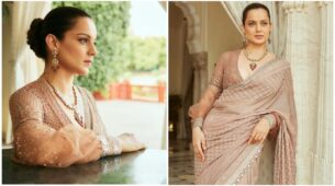 Kangana Ranaut looks fierce in beige saree and royal jewellery at her song “she is on fire” launch