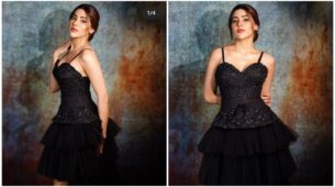Nikki Tamboli gets dark and sensuous, looks ravishing in black V-neck midi gown