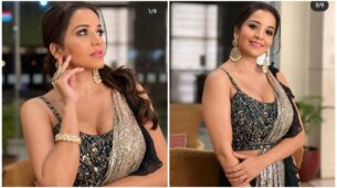 Bhojpuri Actress Monalisa stuns in sequinned saree and deep neck blouse, see pics