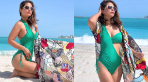 Hina Khan wants to soak up the son honey, dazzles in green monokini and cape outfit