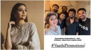 Keerthy Suresh Shares Selfie With Team Vaashi As She Slays In Metallic Saree And Pearl Choker Necklace