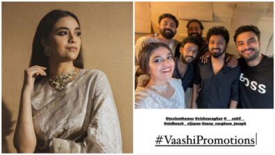 Keerthy Suresh Shares Selfie With Team Vaashi As She Slays In Metallic Saree And Pearl Choker Necklace