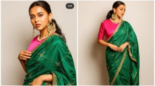 Naagin diva Tejasswi Prakash is a queen of vogue in pink and green embroidery saree, dazzles internet with customized jewellery