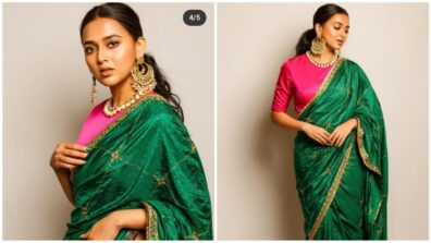 Naagin diva Tejasswi Prakash is a queen of vogue in pink and green embroidery saree, dazzles internet with customized jewellery