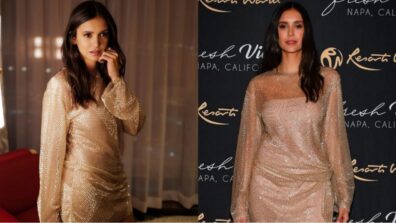 Nina Dobrev Sets Our Hearts On Fire In Golden Shimmery Mini Dress