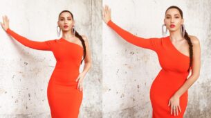 Nora Fatehi looks ‘class apart’ in orange one-shoulder bodycon dress, tags Victoria Beckham in her post for THIS reason
