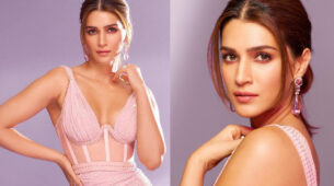 Pictures: Kriti Sanon steals the heart in a Sequined thigh-high slit corset peach gown