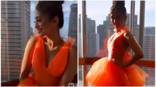 Shivangi Joshi looks straight out of fairyland in ruffle neon orange gown, watch video