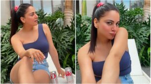 Shraddha Arya is all happy and smiles by the pool, enjoys cool drink in one-shoulder crop top and denim shorts