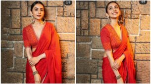 Uff Haye Garmi: Rakul Preet Singh flaunts plunging neckline blouse in orange saree, are you crushing?