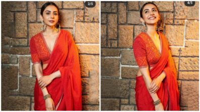 Uff Haye Garmi: Rakul Preet Singh flaunts plunging neckline blouse in orange saree, are you crushing?