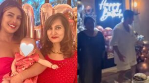 Priyanka Chopra Twins With Daughter Malti Marie in red, while Nick Jonas and Madhu Chopra go dancing together