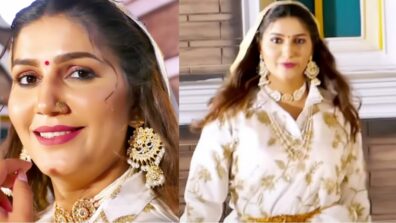 Bhojpuri beauty Sapna Choudhary wows in white golden embellished traditional suit, gives vibes of queen